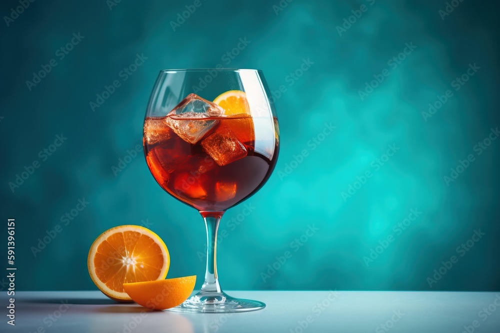  a glass of wine with ice and an orange slice on a blue tablecloth with a green background and a blu