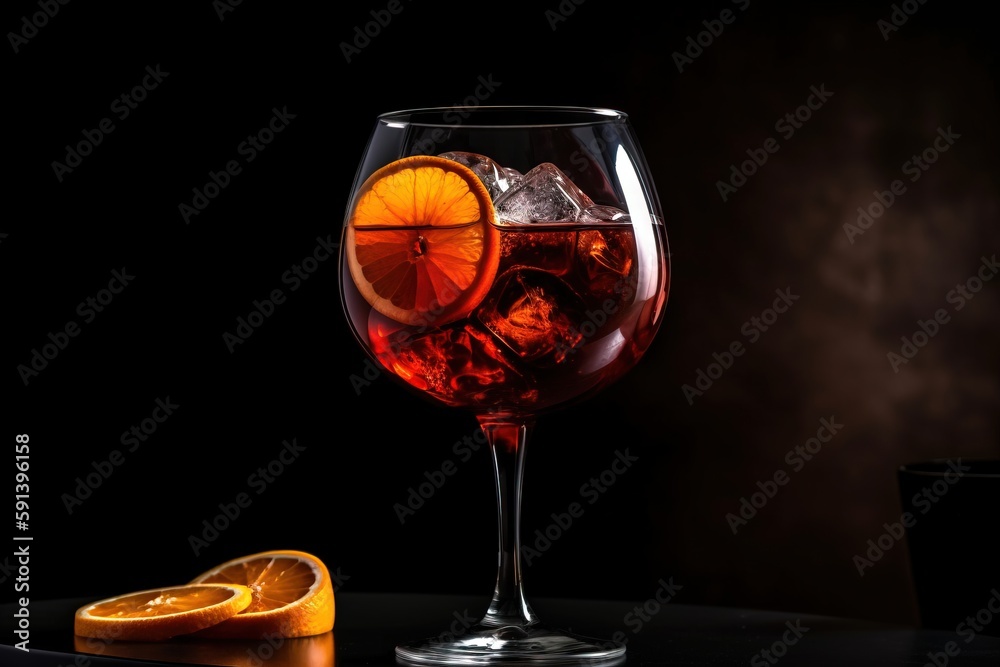  a glass of wine with a slice of orange on the side and a glass of wine on the other side with a sli