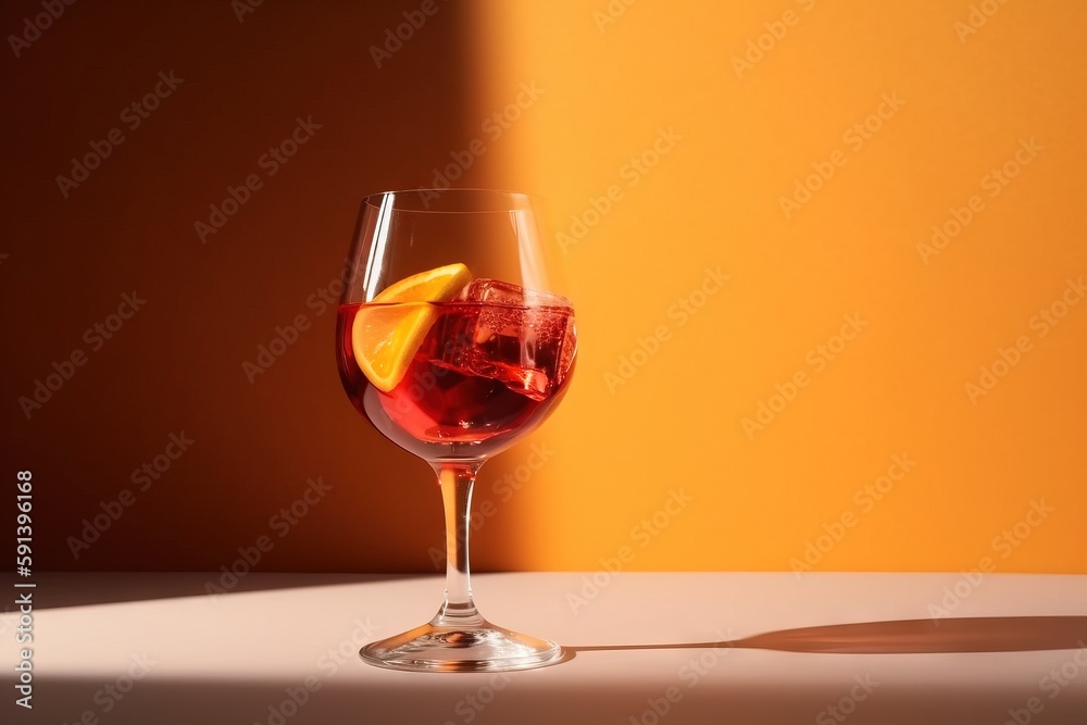  a glass of red wine with a slice of lemon on the side of the glass and a shadow on the wall behind 