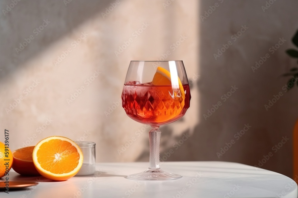  a glass of wine with oranges on a table next to it and a vase with oranges on it and a glass of win