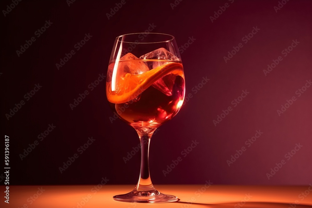  a glass of wine with a slice of orange on the side of it and a purple background with a light refle