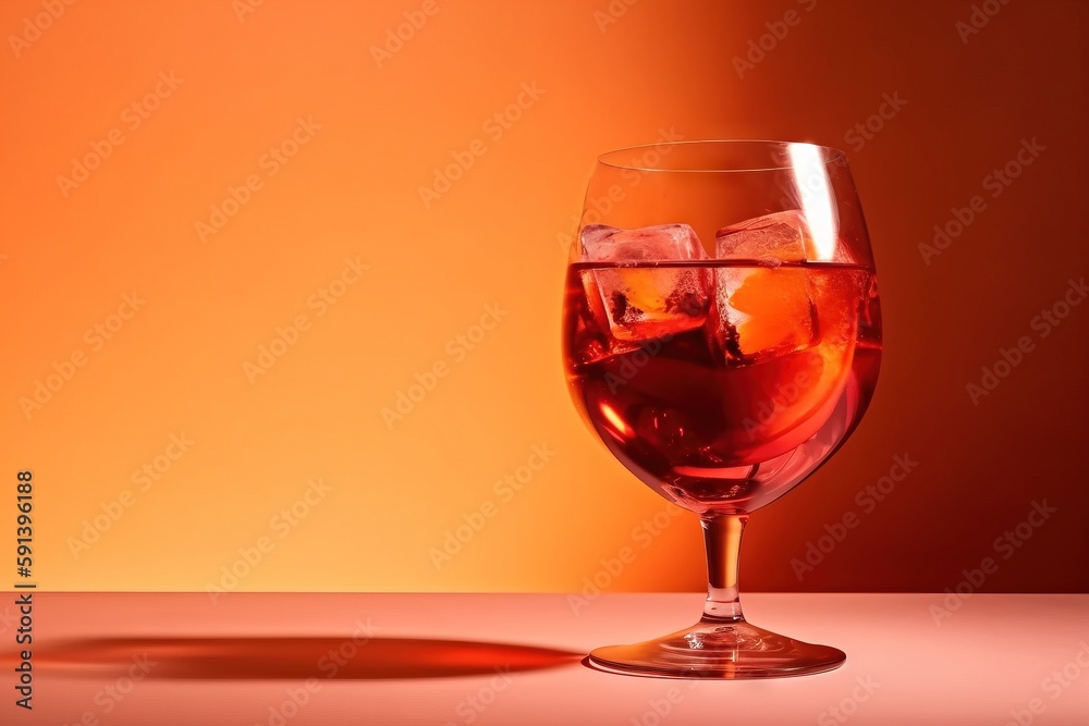  a glass of wine with ice cubes in it on a table with a bright orange backround behind the glass is 