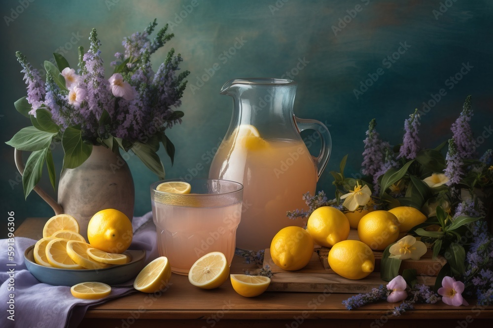  a painting of lemons, lavender and a pitcher of lemonade on a table with a cloth and a bowl of lemo