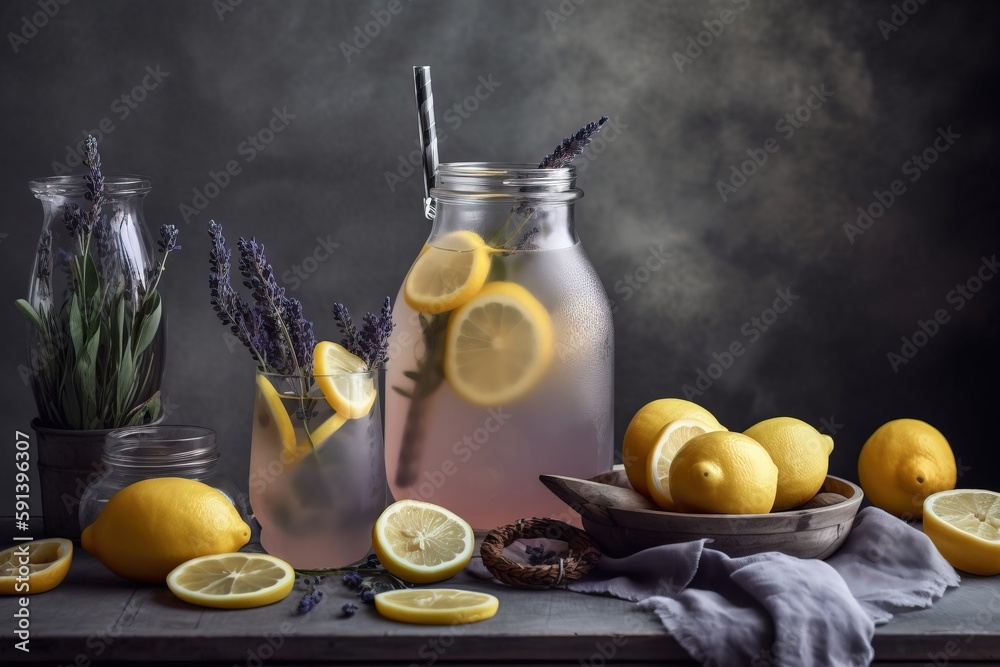  a still life of lemons and lavender in a jar and a bowl of lemons and a pitcher of lavender on a ta