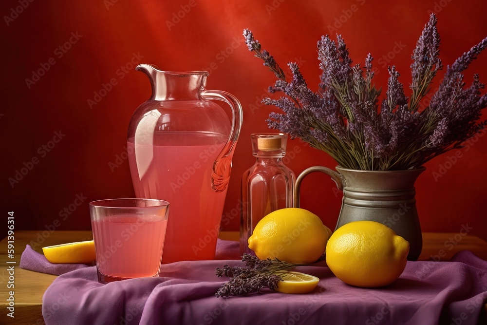  a table topped with vases filled with flowers and lemons next to a pitcher of water and a glass of 