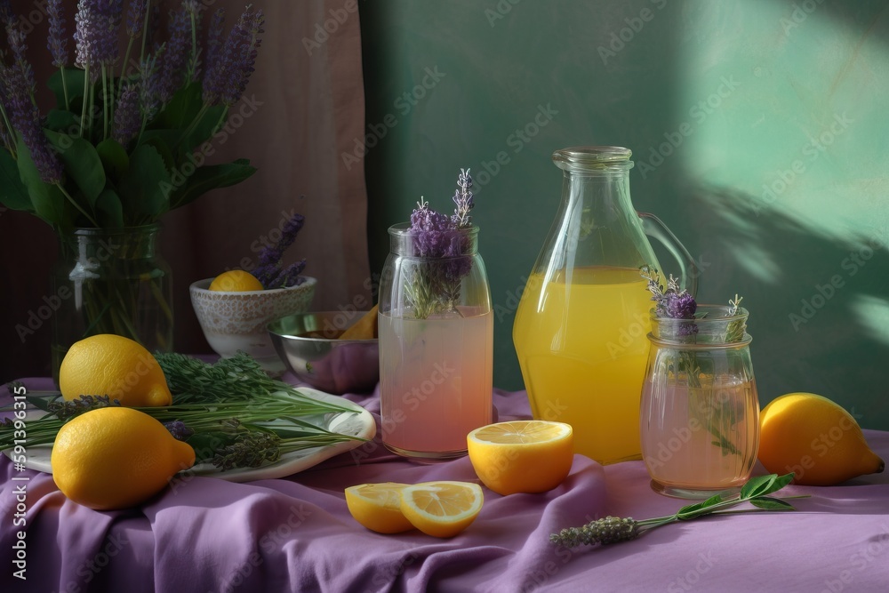  a table topped with bottles of lemonade and lemons next to a bowl of lavender and lemons on a purpl