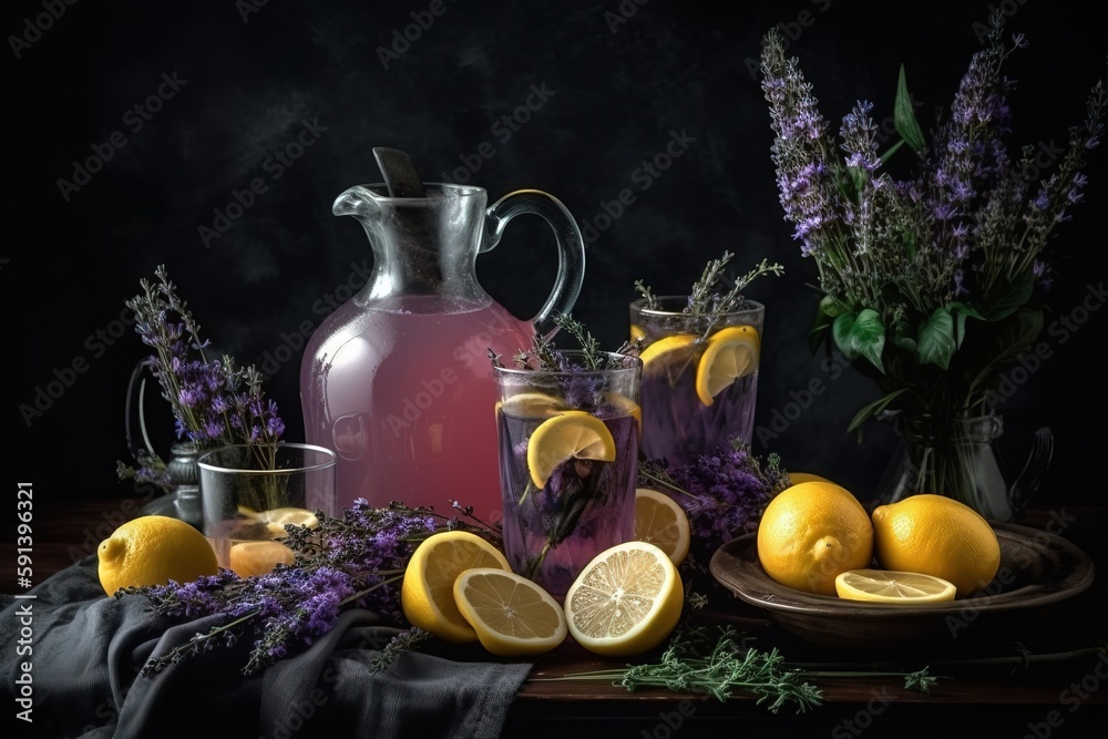  a still life of lemons, lavender, and a pitcher of water on a table with a plate of lemons and lave