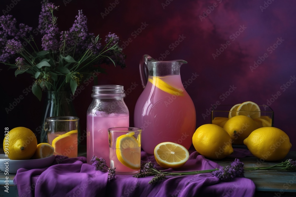  a table topped with a pitcher of lemonade next to a bowl of lemons and a pitcher of water and a bow