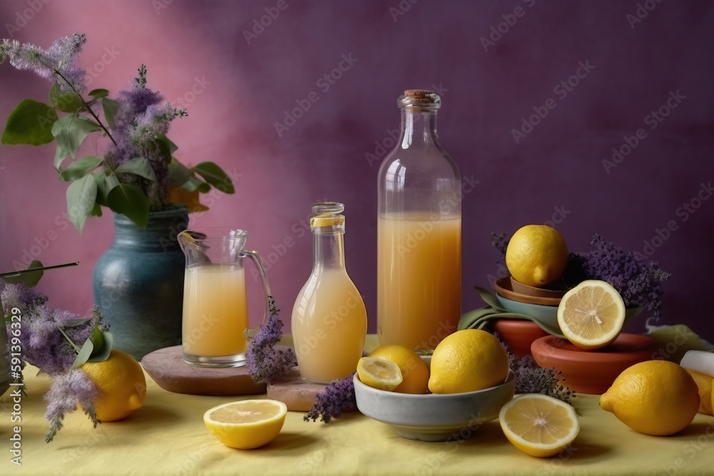  a table topped with a bowl of oranges and a bottle of orange juice next to a bowl of lemons and a v