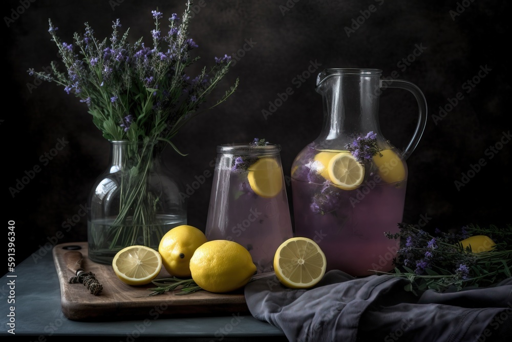  a table topped with vases filled with lemons and lavenders next to a cutting board with lemons and 