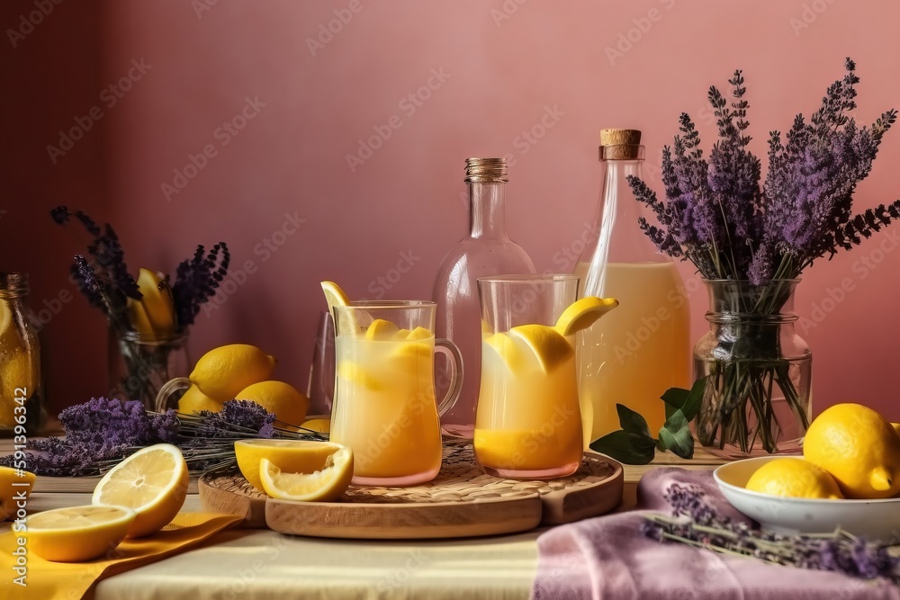  a table topped with lemons and bottles of lemonade next to a bowl of lemons and a bowl of lavenders