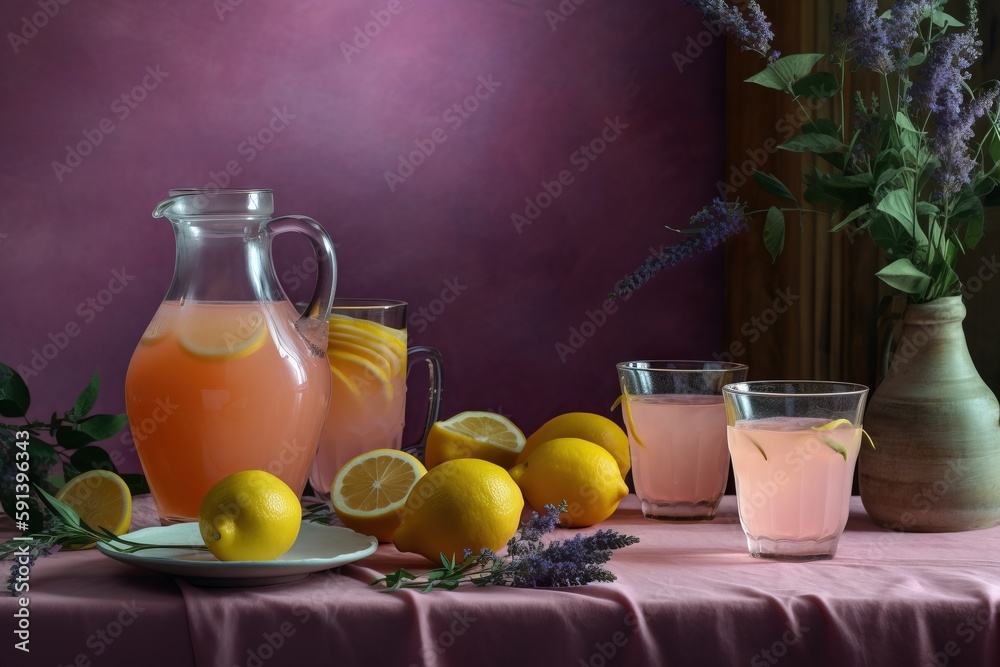  a table topped with a pitcher of lemonade next to a plate of lemons and a pitcher of pink lemonade 