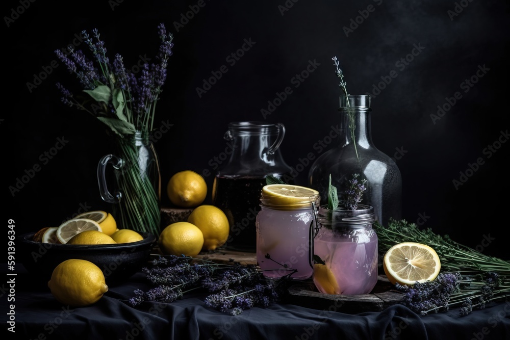  a table topped with jars filled with lemons and lavenders next to a bowl of lemons and a plate of l