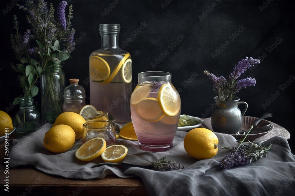  a still life of lemons, lavender and a pitcher of lemonade on a table with a cloth and a pitcher of