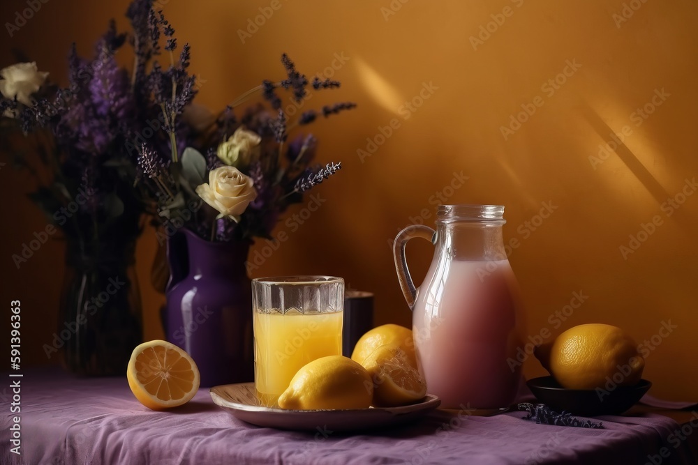  a table topped with a plate of lemons and a pitcher of orange juice next to a plate of lemons and a