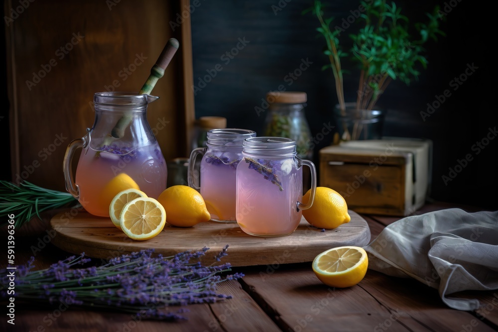  three jars of lavender lemonade on a wooden board with lavender and lemons around them on a wooden 