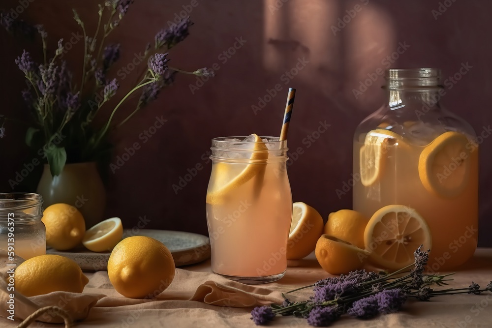  a table topped with bottles of liquid and lemons next to a plate of lemons and lavenders on a table