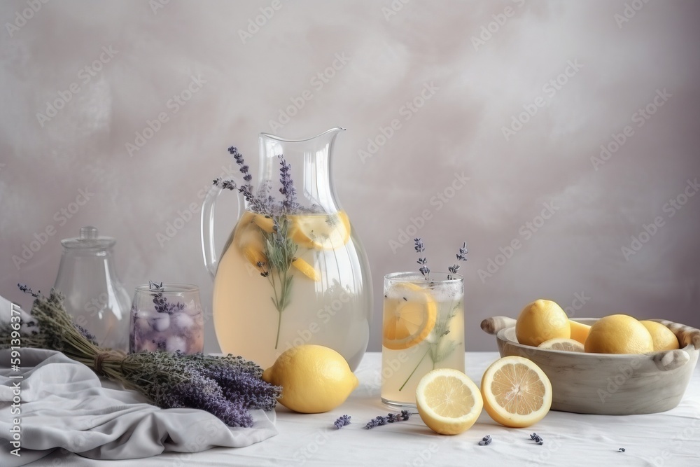  a table topped with a pitcher of lemons and a bowl of lemons next to a bowl of lavenders and lemons