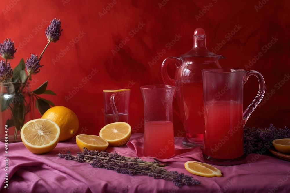  a table topped with a pitcher of water and two glasses filled with liquid and lemons next to a pitc