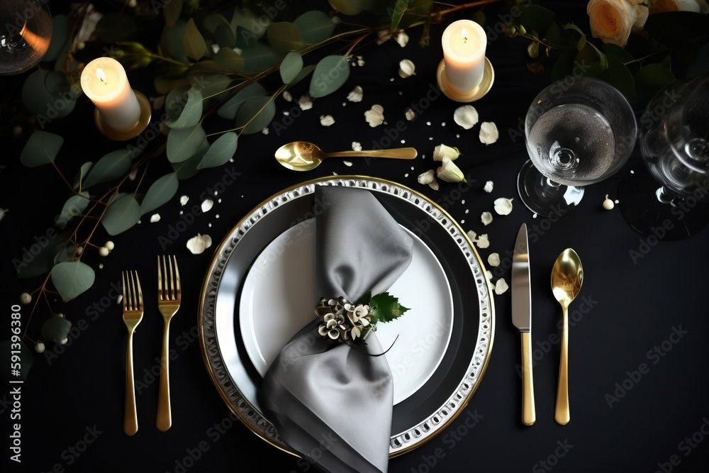  a table setting with a napkin, silverware, and a silver plate with a silver flower on it, surrounde