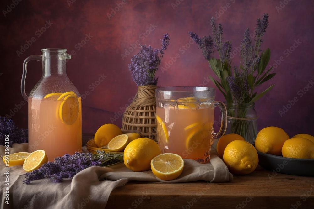  a table topped with a pitcher of lemonade next to a pitcher of lemonade and a bowl of lavenders and