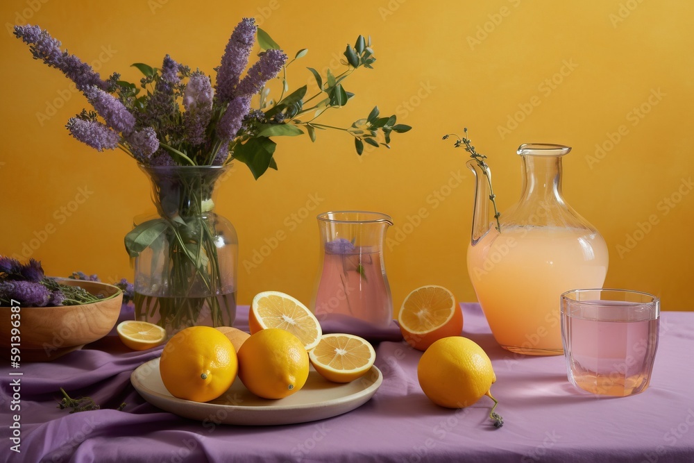  a table topped with a plate of lemons next to a vase of flowers and a pitcher of oranges and a bowl