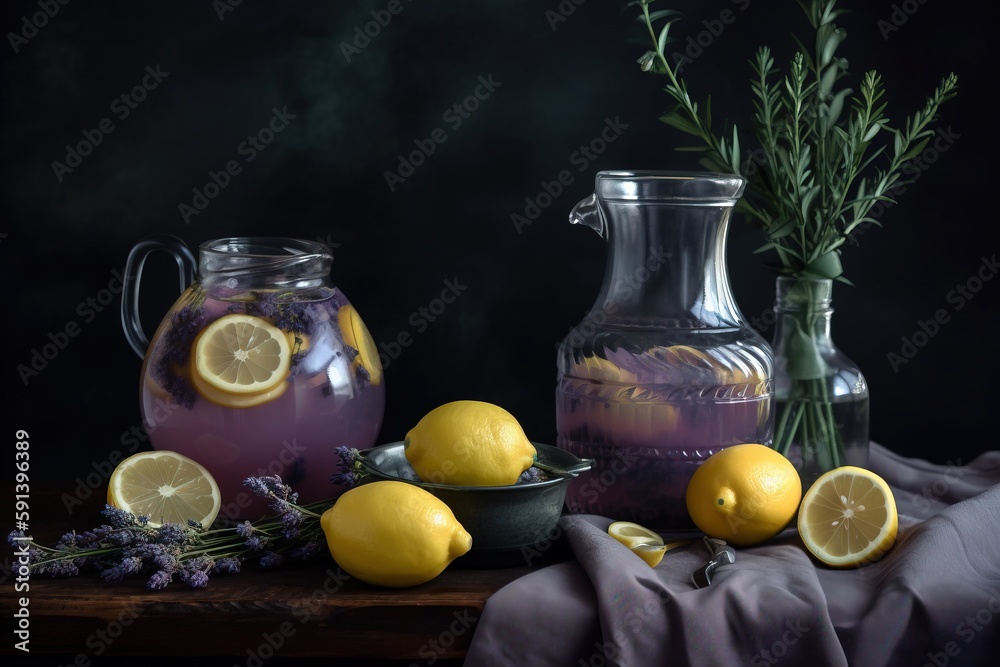  a still life of lemons, lavender, and a pitcher of lemonade on a table with a cloth and a vase of l