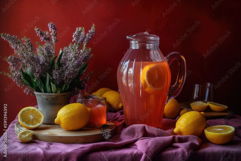  a pitcher of lemonade next to some lemons and a cutting board with a pitcher of lemons on a table w