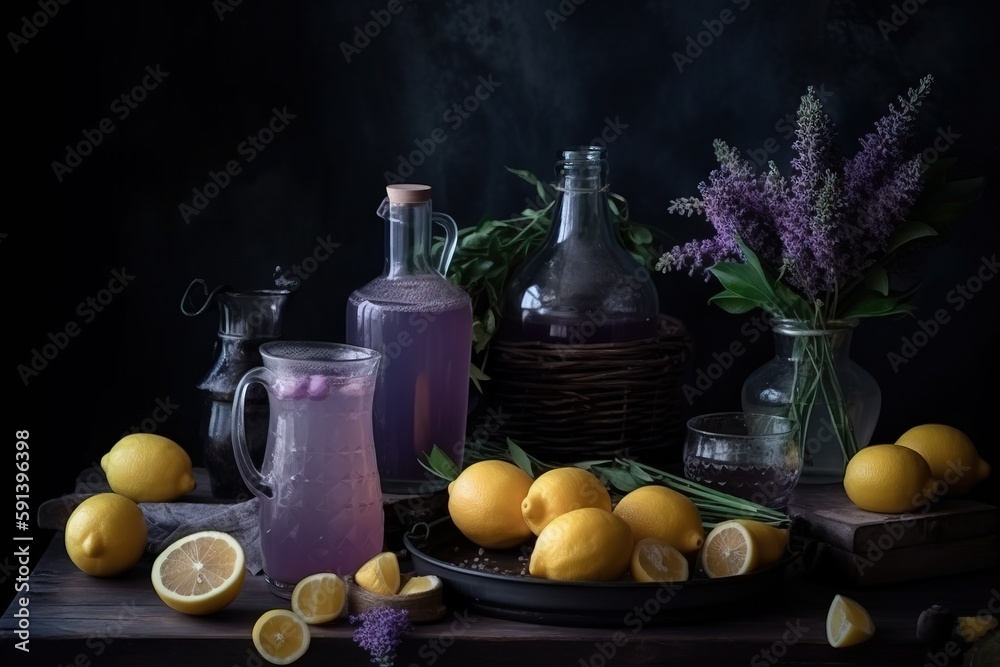  a table topped with lemons and bottles filled with liquid next to a basket of lavenders and lemons 