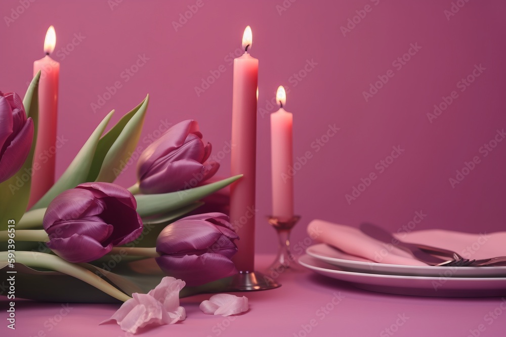  a table topped with a plate and a vase filled with purple flowers next to a candle and a plate with