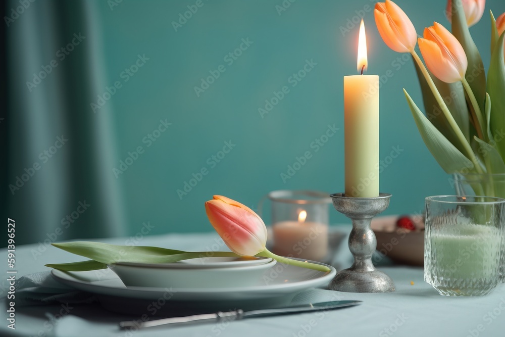  a table topped with a white plate and a vase filled with tulips next to a candle and a plate with a