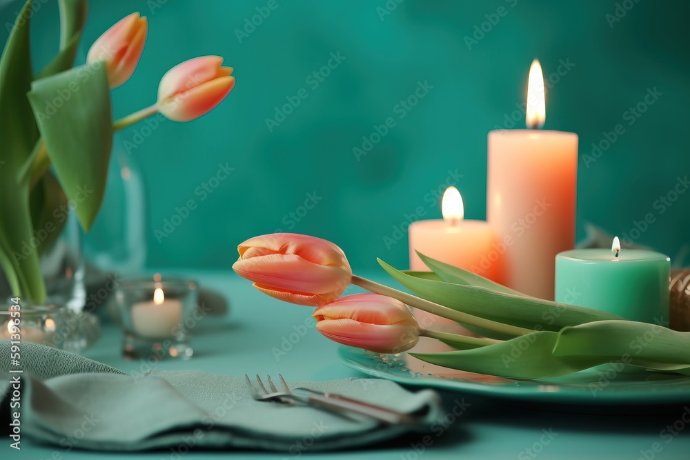  a plate with a bunch of flowers and candles on it next to a glass vase with some flowers in it and 