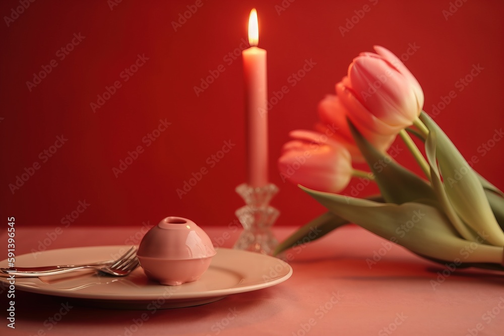  a table with a plate and a candle and a vase with flowers on it and a plate with a fork and a candl