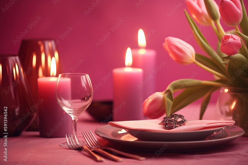  a table set with a plate, wine glass, and a vase of tulips with candles in the background and a pin