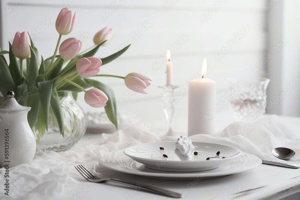  a table with a white plate and a vase with pink tulips and a white candle on it and a white lace ta