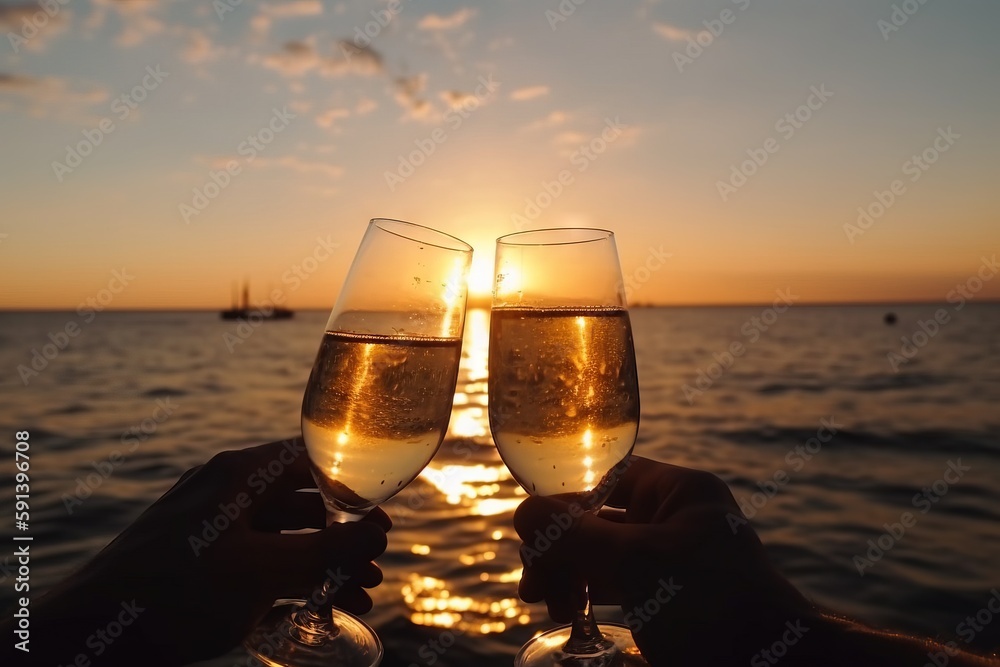  two glasses of wine being toasted by a couple of people in front of a sunset on a boat in the water