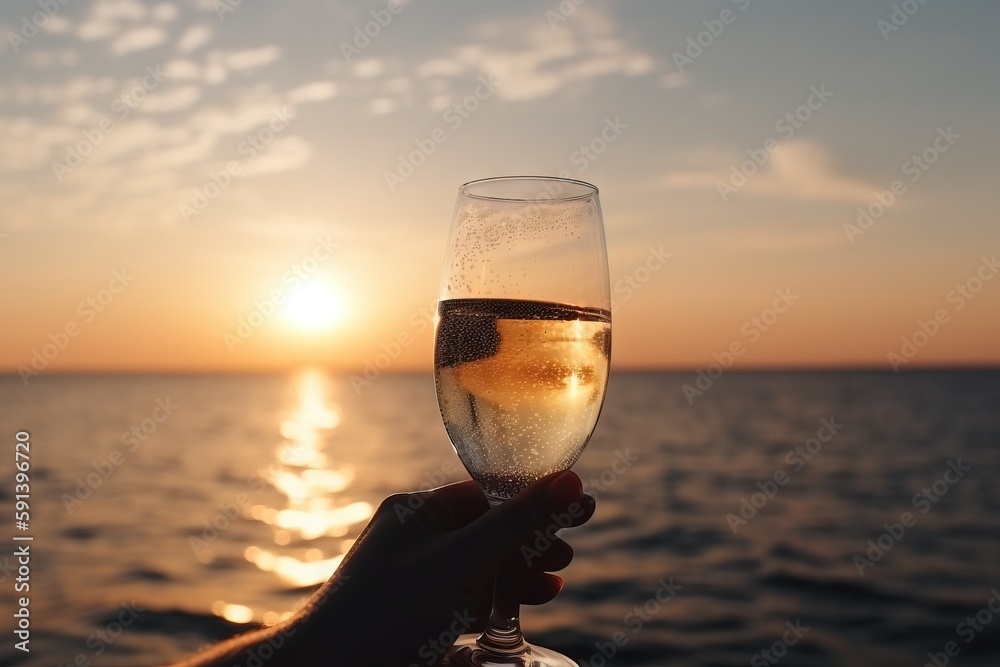  a hand holding a wine glass with a sunset in the background on a boat in the ocean with the sun set