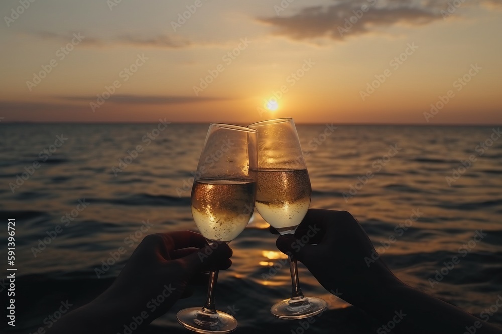  two people toasting with champagne on a boat in the ocean at sunset or sunrise or sunset over the o