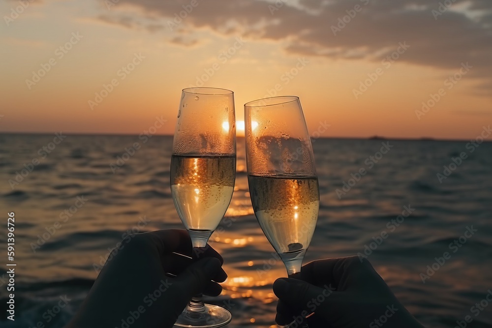  two glasses of champagne being toasted on a beach at sunset with the sun setting in the distance be