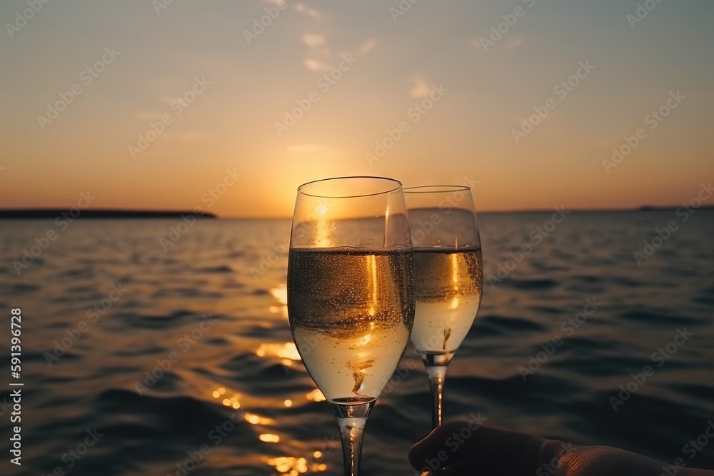  two glasses of wine are being held by a person on a boat in the water at sunset or sunrise or sunse