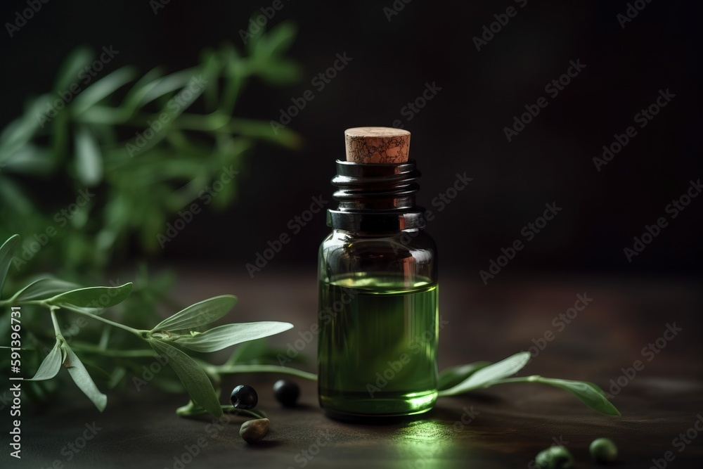  a bottle of olive oil next to a branch of olives on a wooden table with leaves in the background an