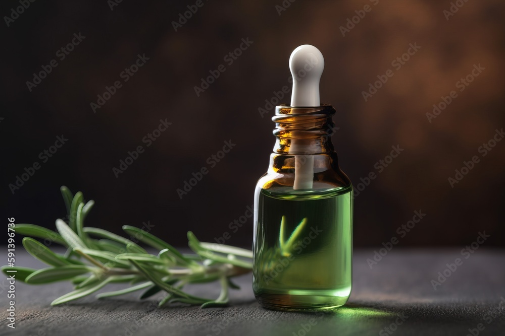  a bottle of essential oil with a sprig of rosemary on the side of the bottle and a small white drop