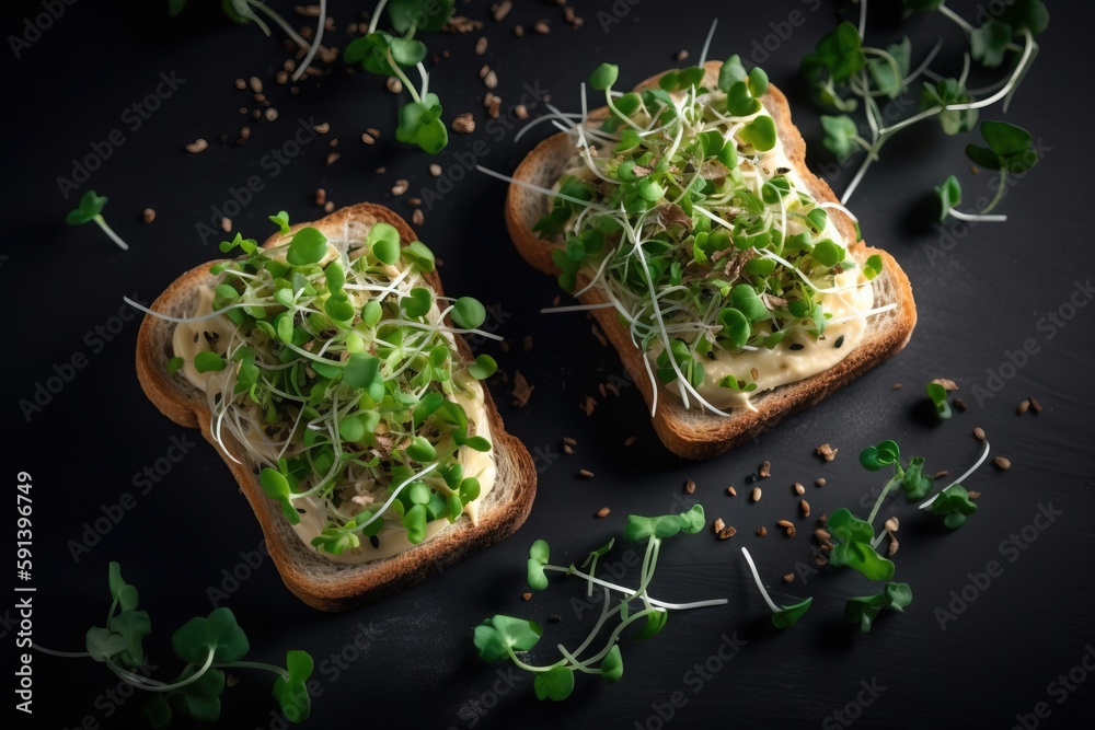  two pieces of bread with sprouts on top of it and sprouts sprouting from the top of the slices of t