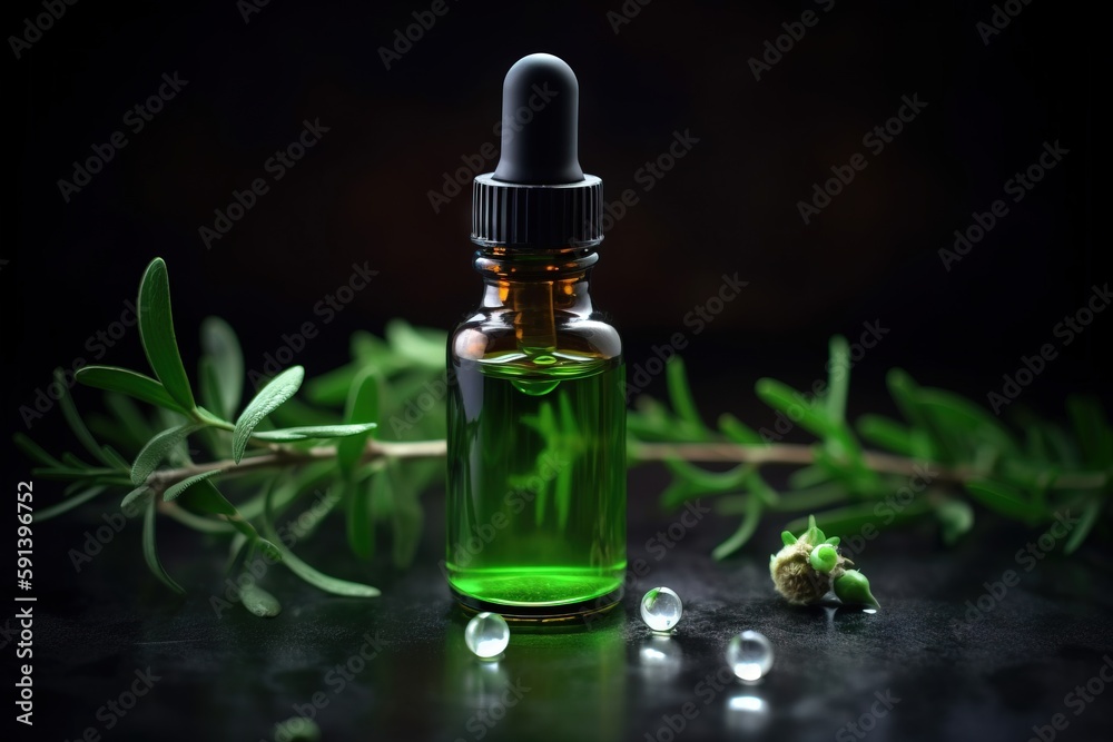  a bottle of essential oil next to a sprig of rosemary on a black surface with drops of water on the