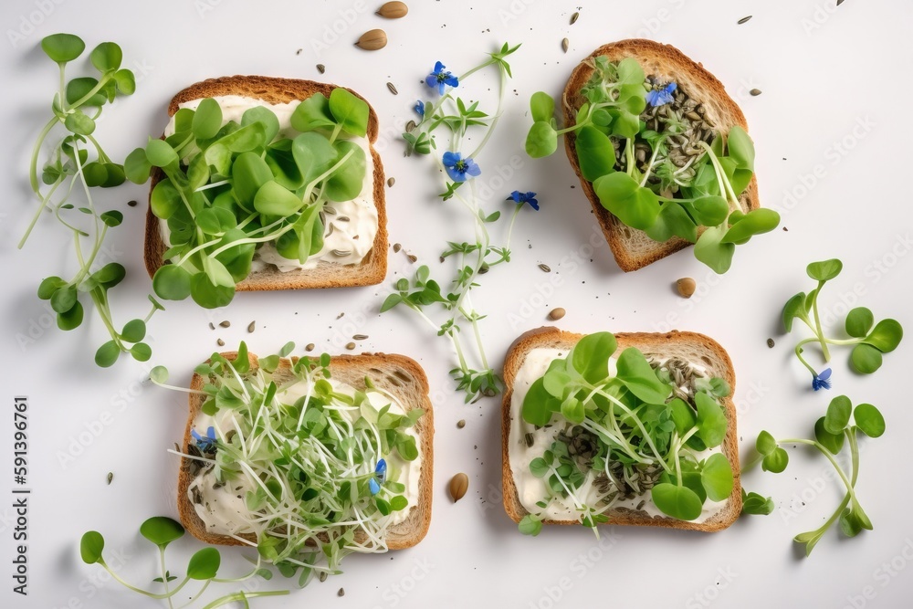  four pieces of bread with sprouts and shredded cheese on top of them and sprouts on top of the brea