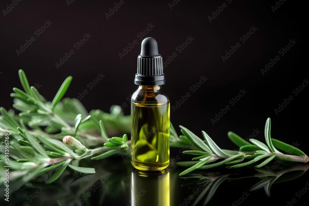  a bottle of rosemary essential oil sitting on a black surface with a sprig of rosemary in the foreg