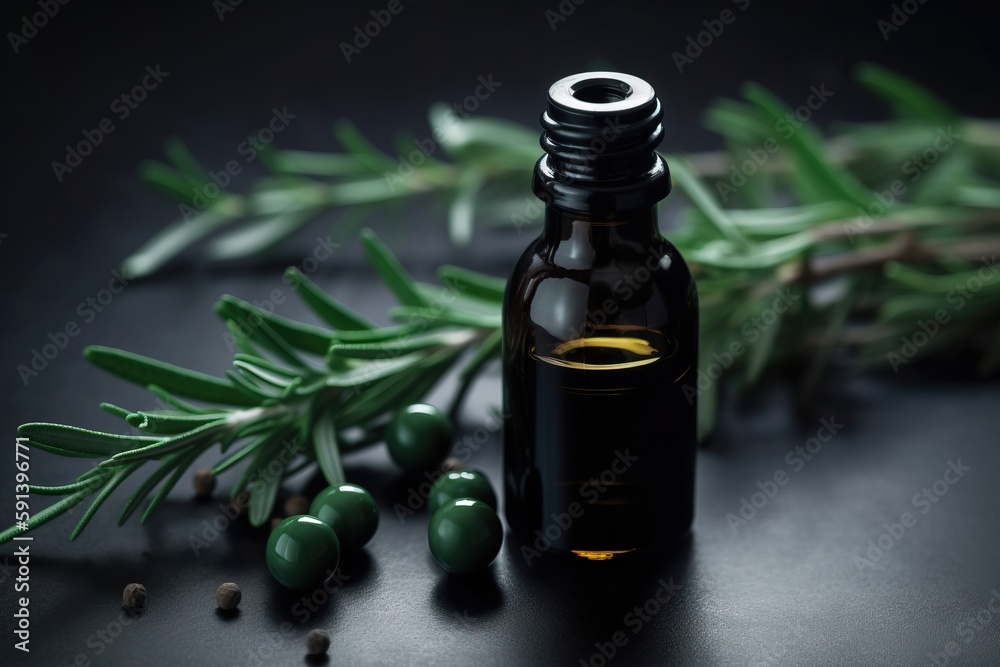  a bottle of olive oil next to a sprig of olives on a black surface with a sprig of rosemary in the 