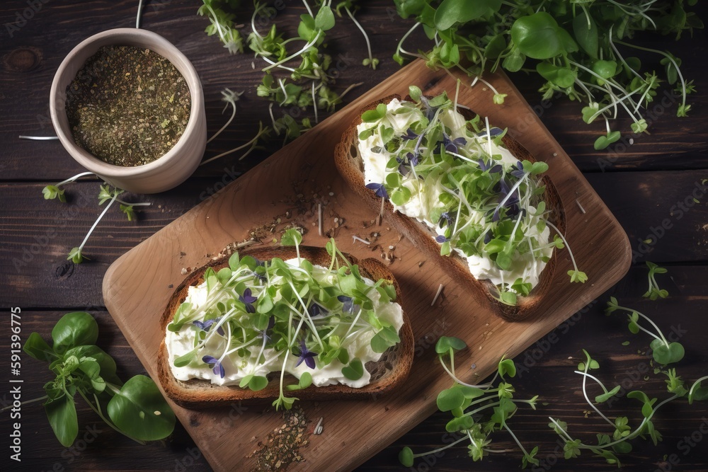  a wooden cutting board topped with two pieces of bread covered in veggies next to a bowl of sprouts