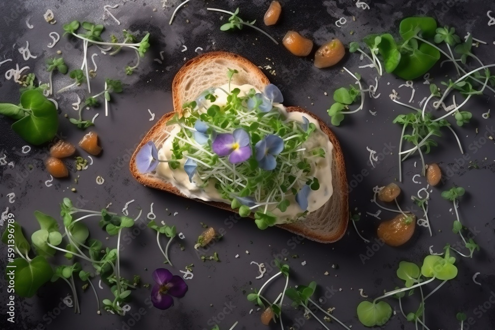  a piece of bread with flowers on top of it on a black surface with other food items around it and a