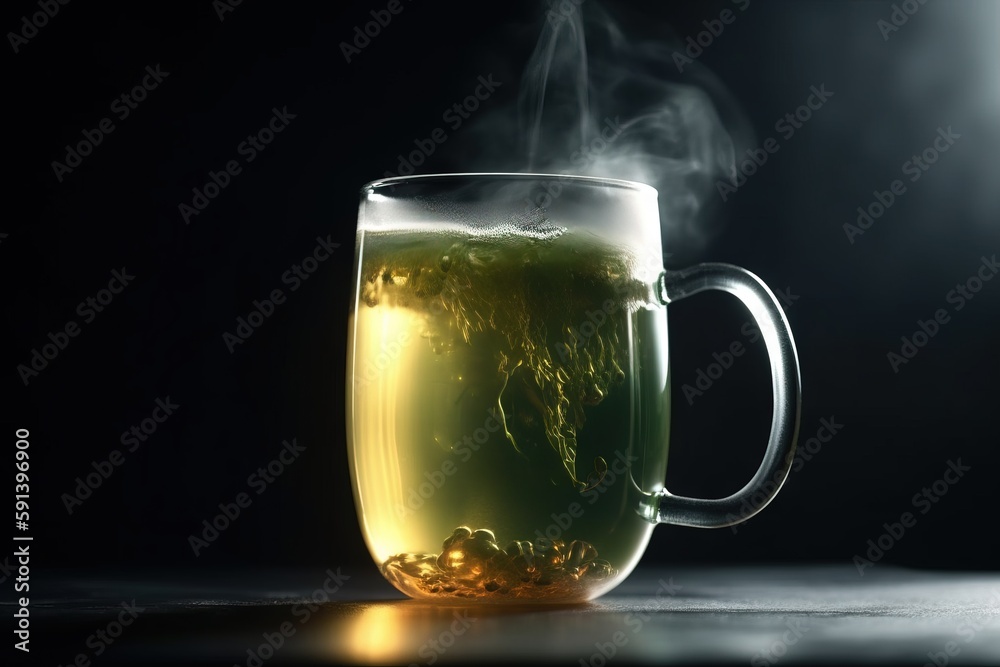  a glass mug filled with green liquid and steam rising from the top of it, on a dark surface, with a